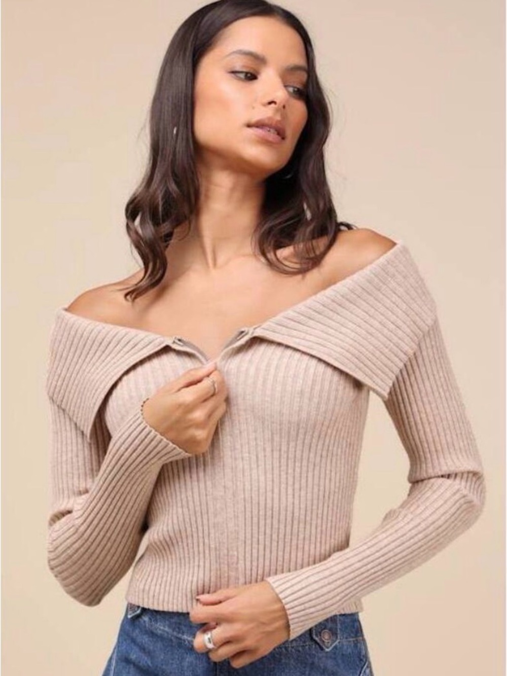 Lulus Off-Shoulder Mauve Ribbed Knit Sweater Top - Beige